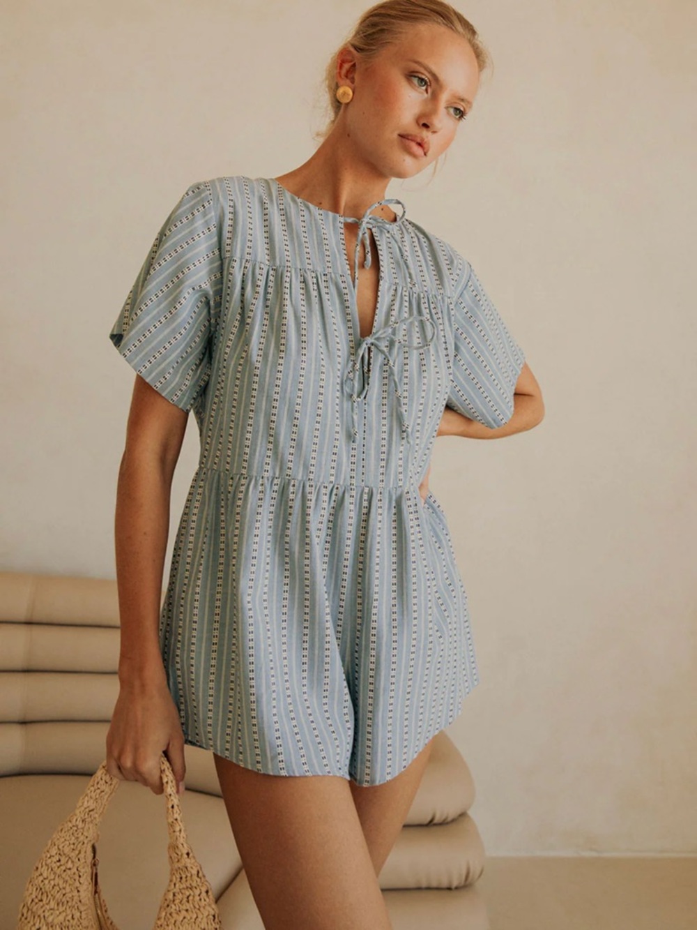 Sabo Skirt Mirae Playsuit Blue Cotton Romper Tie Strap Mini Jumpsuit Summer XXS
